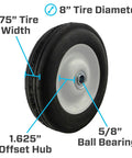 8x1.75 Inch Semi Pneumatic Tire On Wheel With Offset Hub For Hand Trucks Dollies Generators Pressure Washers And Other Utility Equipment Built For Easy Replacement And Smooth Rolling In Tough Worksites, showing tire dimensions and features