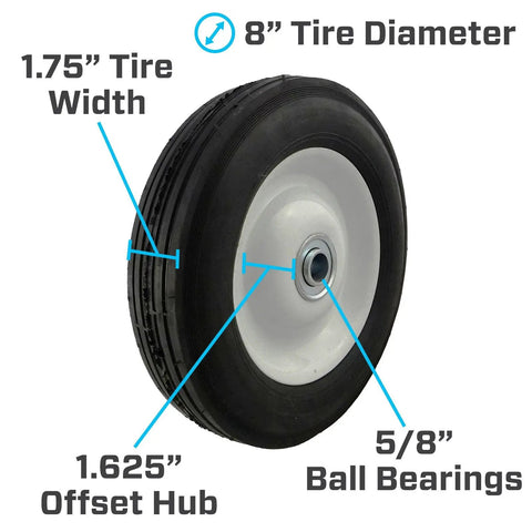 8x1.75 Inch Semi Pneumatic Tire On Wheel With Offset Hub For Hand Trucks Dollies Generators Pressure Washers And Other Utility Equipment Built For Easy Replacement And Smooth Rolling In Tough Worksites, showing tire dimensions and features
