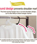 One Touch Quick Release Hangers With Collapsible Neckline Protection, Space Saving Cascading Closet Organizer, shirt on hanger preventing shoulder bumps, light blue hanger.