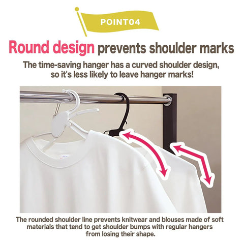 One Touch Quick Release Hangers With Collapsible Neckline Protection, Space Saving Cascading Closet Organizer, shirt on hanger preventing shoulder bumps, light blue hanger.