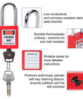 Front view of red lockout padlock with keys, labels for instructions, and steel shackle for Industrial Grade Plug Lockout Device For Lockout Tagout, 110 To 125 Volt Power Cord Lockout System With Padlocks, Durable Electrical Safety Plug To Stop Startups And Keep Your Crew Safe.