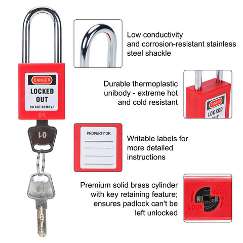 Front view of red lockout padlock with keys, labels for instructions, and steel shackle for Industrial Grade Plug Lockout Device For Lockout Tagout, 110 To 125 Volt Power Cord Lockout System With Padlocks, Durable Electrical Safety Plug To Stop Startups And Keep Your Crew Safe.