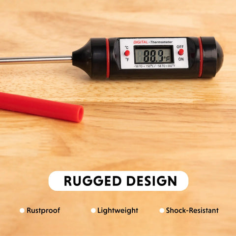 Digital Thermometer With 8.38 Inch Stainless Steel Probe For Food And Lab Use Auto Off High And Low Alarms Max Min Memory Data Hold Ideal For Cooking Grilling BBQ Food Safety And Scientific Work showing rugged design on wooden surface