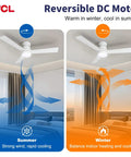 42 Inch Low Profile Ceiling Fan With Crisp White Finish Smart Remote Control Runs Smooth As Butter On Whisper Quiet Brushless Dc Motor illustration showing summer and winter airflow modes.