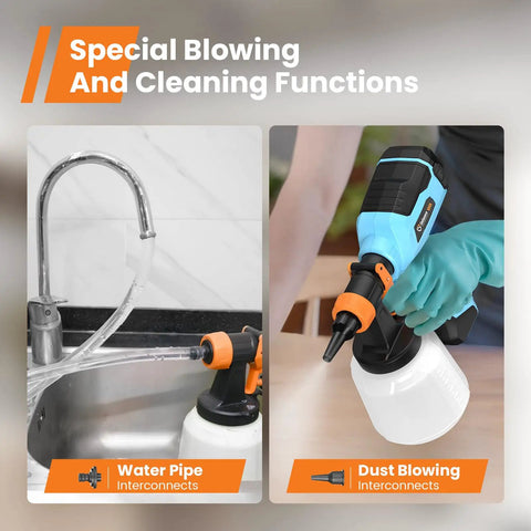 Special blowing and cleaning functions of 700W HVLP Paint Sprayer with 1400ml large capacity tank in use