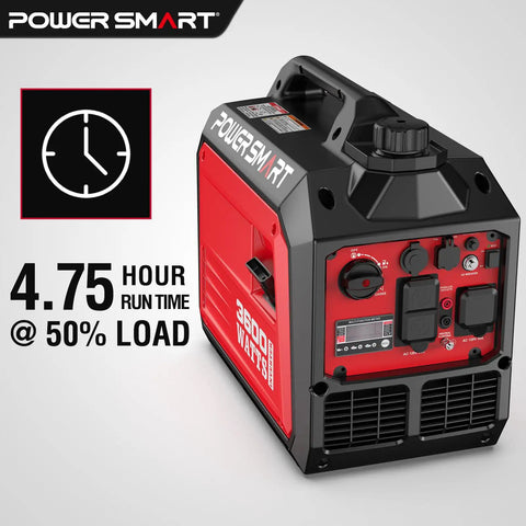 Image of a Power Smart 3600 Watt Portable Inverter Generator With Quiet Operation, RV Ready 30A Outlet, showing control panel and features.
