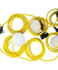 Bright Yellow LED String Lights 100 Foot Kit With 1200 Lumen LED Heads and yellow cords on a white background