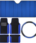 Level Up Your Slick Ride With This Premium Car Accessory Gift Bundle Featuring Thermal Blocking Auto Sunshade Two Tone Carpet Floor Mats And Ergonomic Grip Steering Wheel Cover For Trucks Vans SUVs, blue textile mats and sunshade.