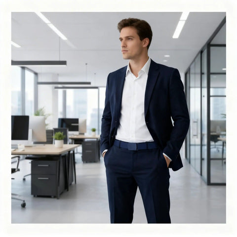 Man in office wearing 6 Pack Tactical Belt For Men With Heavy Duty POM Buckle Metal Free Nylon Web Belt 1.5 Inch Wide