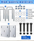 High Grade Square U Bolt Kit For Boat Trailer Leaf Spring Axle Install With Solid Mounting Plates And Tight Hex Nuts For 2x2 Inch Tubes 4 3/4 Inches Long showing components including u-bolts, plates, nuts, and washers.