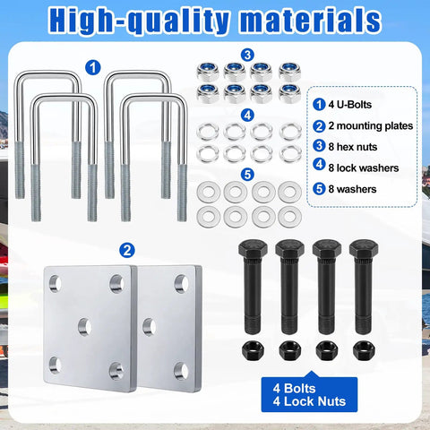 High Grade Square U Bolt Kit For Boat Trailer Leaf Spring Axle Install With Solid Mounting Plates And Tight Hex Nuts For 2x2 Inch Tubes 4 3/4 Inches Long showing components including u-bolts, plates, nuts, and washers.