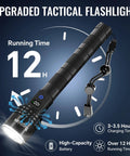 Black High Lumens Rechargeable LED Flashlights 2 Pack With Zoomable Beam And LCD Display, showing 12-hour running time.