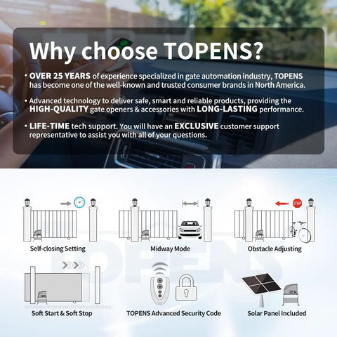 Heavy Duty Solar Sliding Gate Opener For Gates Up To 1300 Pounds With One Quarter HP DC Motor Battery Powered Solar Panel Kit Remote Control Included Easy Install For Automatic Gate Operators And Tough Driveways features