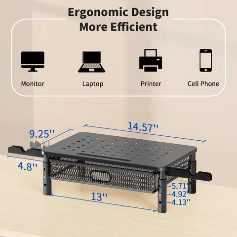 Ergonomic Monitor Stand Riser With Metal Mesh Drawer And Phone Holder Height Adjustable At 4.13 4.92 And 5.71 Inches Go To Desk Organizer