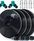 Flat Soaker Hose With Holes 100 Ft Drip Irrigation Hose For Lawn Garden Beds And Vegetables Includes Garden Staples And Splitters Easy Connect UV Protected Durable Soaker Hose For Even Watering No Fuss shown with accessories