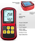 JuviPerpric digital K-type thermocouple thermometer, red handheld unit with dual channels and 2 clamps with wired probes.