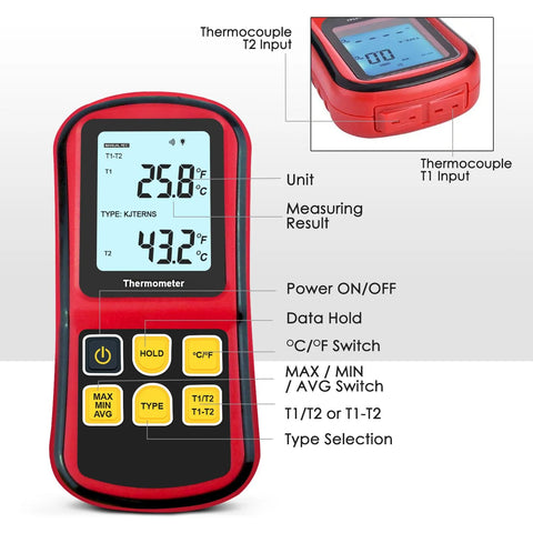 JuviPerpric digital K-type thermocouple thermometer, red handheld unit with dual channels and 2 clamps with wired probes.