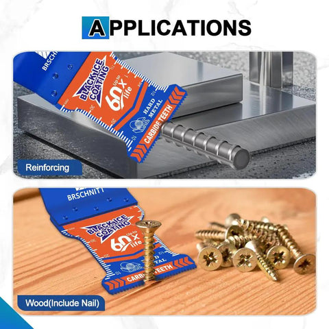Heavy Duty Carbide Oscillating Multi Tool Blades Quick Release For Soft Metal Nails Bolts Screws Rebar Copper Pipe Handles Rough Tasks Without Breaking A Sweat showing applications on wood and metal.