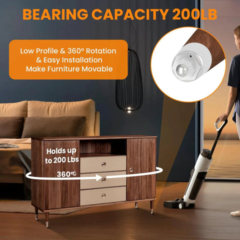 4 Pack Ball Bearing Swivel Casters, 360 Degree Rotation Universal Caster Wheels, 200 Pound Capacity Stick On Mini Wheels For Trash Cans, Storage Boxes, And Small Furniture, White, shown installed on cabinet for easy mobility.
