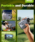 Person holding Golf Rangefinder With Slope, 1200-Yard Laser Range Finder, 6x Magnification, with magnetic attachment on belt.