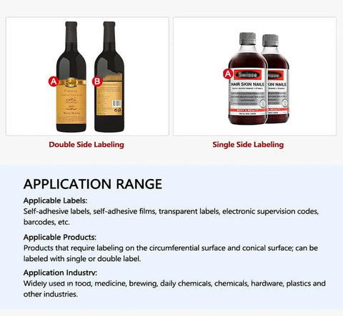 Heavy Duty Automatic Round Bottle Label Applicator Smoothly Handles Double Sided Tagging For Bottles And Jars 10 To 150 Mm showcasing double and single side labeling examples.