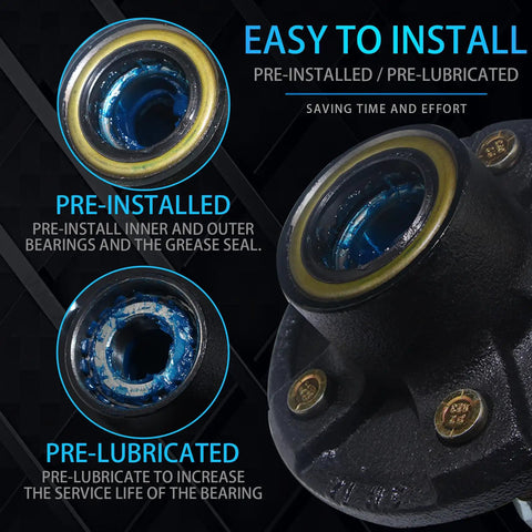 4 Bolt Trailer Hub Kit For 2000 Lb Axles, Preinstalled And Lubricated, shows pre-installed bearings and grease seal
