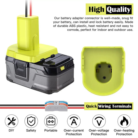 Two Pack Power Wheel Adapter For 18V Battery Conversion Kit with Fuses, 12AWG Wire Terminals and Power Connector details.
