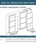 Diagram showing installation guide for Sturdy Metal And Glass Sliding Double Barn Door With Hardware Kit 48 By 84 Inches Soft Close Included