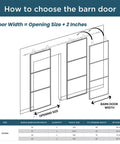 Diagram illustrating how to choose the size for a 48 By 84 Inch Metal And Glass Sliding Double Barn Door With Hardware Kit Soft Close Included.