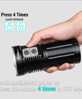 Hand holding Beast Bright Rechargeable LED Flashlight With Dual Switch 13000 Lumens Of Power IPX8 Waterproof 637 Meter Throw