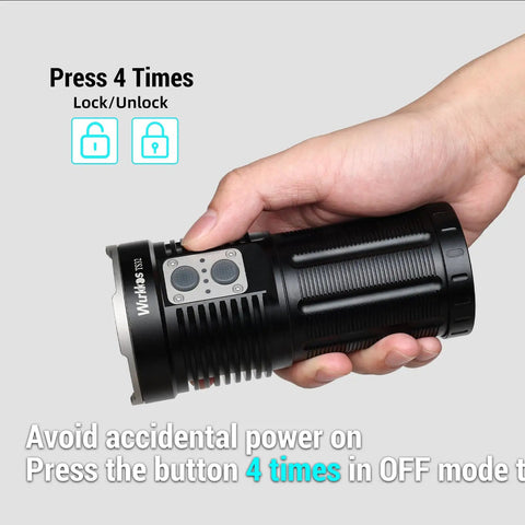Hand holding Beast Bright Rechargeable LED Flashlight With Dual Switch 13000 Lumens Of Power IPX8 Waterproof 637 Meter Throw