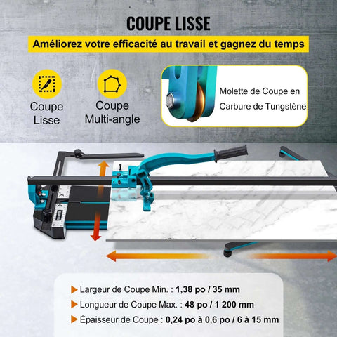 Mophorn 48-inch manual tile cutter with single rail and double brackets; blue cutting head on guide rails.