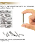 58 Piece Stainless Steel Hex Socket Head Cap Screws And Nuts Set 1/4-20 Thread Includes 1/2, 3/4, 1, 1-1/4, 1-1/2 Inch Lengths Fully Threaded 304 Stainless Hardware Kit For DIY Projects Automotive And Machinery