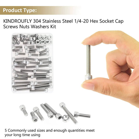 58 Piece Stainless Steel Hex Socket Head Cap Screws And Nuts Set 1/4-20 Thread Includes 1/2, 3/4, 1, 1-1/4, 1-1/2 Inch Lengths Fully Threaded 304 Stainless Hardware Kit For DIY Projects Automotive And Machinery