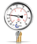 Carbo Instruments pressure gauge, front view, 2.5-in dial, liquid-filled, stainless steel case, 1/4 NPT lower mount.