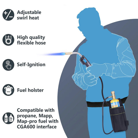 Illustration of Map Gas Torch Kit with holster, adjustable knob trigger start, 4.9 ft hose for brazing, soldering, welding, plumbing, HVAC projects.