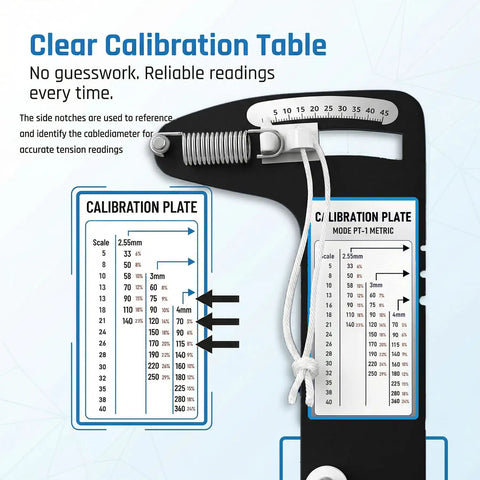 PT-1 Professional Hands-Free Sailboat Rigging Tension Gauge for Accurate Force Readings in Forestays and Shrouds and Standing Rigging Measures 2.55mm 3mm and 4mm Wire Rope with ±5% Accuracy Up to 360 Kg (800 Lb), calibration table