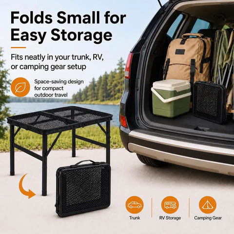 Folding Grill Table With Mesh Desktop for camping shown folded and unfolded next to car trunk, ideal for outdoor storage.