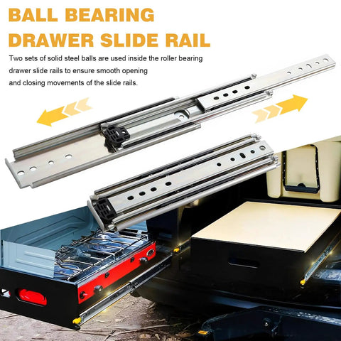 44 Inch Cabinet Locking Rail Set With Locking Runners and Full Extension Ball Bearing Slides for Heavy Duty Drawers Cold Rolled Steel Construction With Blue Zinc Finish for Rust Resistance, installed on truck drawer