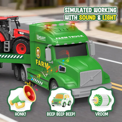 Large 27 Inch Farm Truck Toy Set With Two Tractors And A 3 In 1 Inertia Powered Transport Vehicle With Lights And Realistic Sounds