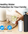 Gravity Water Filter No-Fuss Replacement Kit with BB9-2 Black and PF-2 Filters next to glass of water.