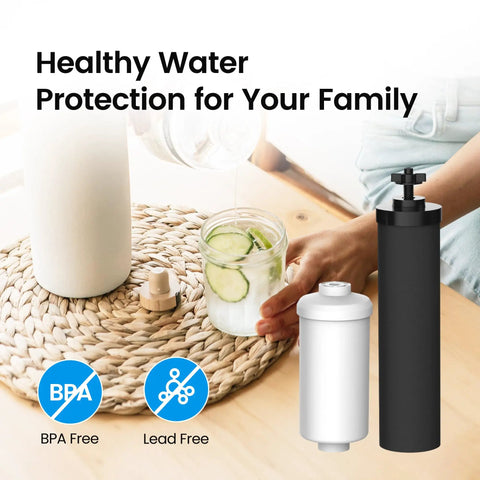 Gravity Water Filter No-Fuss Replacement Kit with BB9-2 Black and PF-2 Filters next to glass of water.