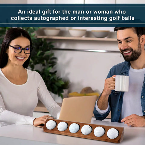 Walnut Wood Golf Ball Display Case 6 Standard Size Wall Mount Holder in office setting with a man and a woman