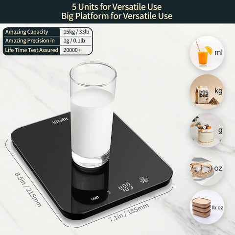 33 Pound Digital Food Scale With Ultra Precision 0.1 Oz And 1 G, 15 Kg Capacity For Cooking And Baking, LED Display with glass of milk
