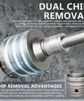 Tough Four Inch Concrete Hole Saw With Slick Quick Release Auto Lock Sds Plus Shank For Ripping Right Through Brick Cement And Masonry Without Fuss Or Hassle, showing dual chip removal design.
