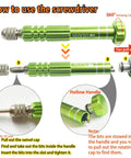 Hella Reliable Eyeglass Repair Kit Featuring Tough S2 Steel Screwdriver With Fifteen Precision Frame Screws For Quick At Home Fixes On Glasses Bifocals And Sunglasses, green screwdriver with rotating cap shown.