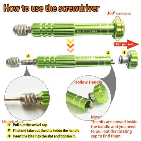 Hella Reliable Eyeglass Repair Kit Featuring Tough S2 Steel Screwdriver With Fifteen Precision Frame Screws For Quick At Home Fixes On Glasses Bifocals And Sunglasses, green screwdriver with rotating cap shown.