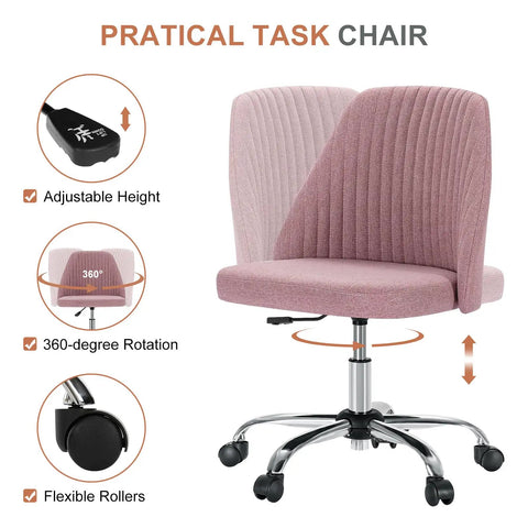 Comfy Vanity And Desk Chair With Wide Seating Armless Height Adjustable Rolling Swivel Task Chair Blush with features