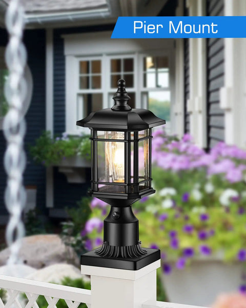 Dusk To Dawn Outdoor Post Light Black Finish Hardwired 120V Lantern With Pier Mount Base For Patio And Garden Waterproof Exterior