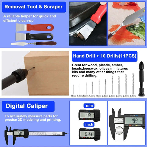 Image of Must Have 158 Piece 3D Printing Tool Kit with removal tools, scraper, hand drill set, and digital caliper for clean precise prints.